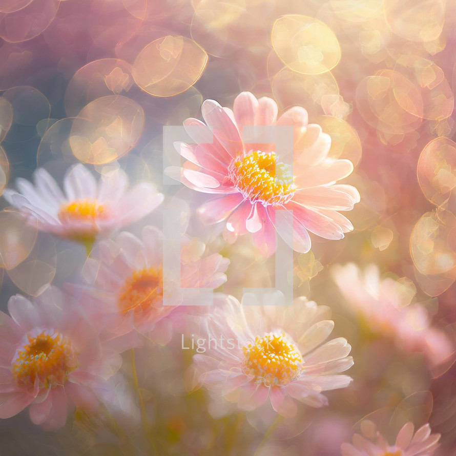 light pink chrysanthemum-type flowers with yellow centers, bokeh and soft blur effect