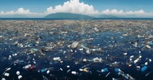 Animated background moving slowly horizontally for infinite loop - Plastic pollution in ocean.