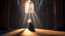 Silhouette of a man praying alone sitting in a cathedral with beam light of the sun