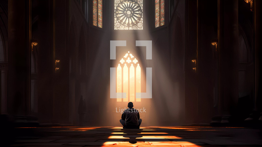 Silhouette of a man praying alone sitting in a cathedral and spirit light come from window