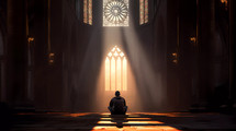 Silhouette of a man praying alone sitting in a cathedral and spirit light come from window