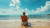 Photo concept of a man sitting on a beach chair, reading a book or enjoying the scenery on the seashore Generative AI