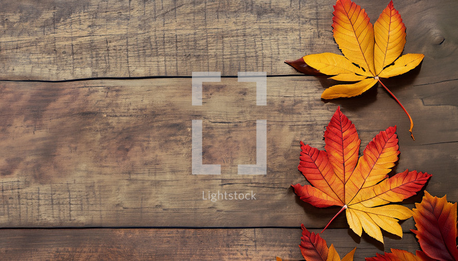 a few autumn leaves along one side of a flat lay composition on wood boards with copy space