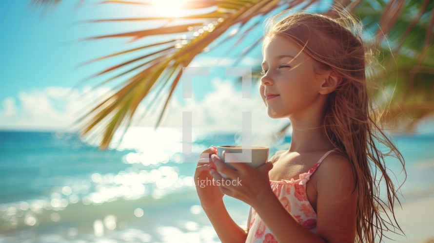 Photo concept of a young girl standing under a palm tree on an island, holding a cup of cocoa with steam rising, enjoying the ocean breeze Generative AI