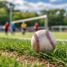Old dirty baseball rests in outfield grass of a small ballpark on a beautiful sunny day with players blurred out in the background.