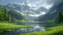 Swiss mountainous terrain with a serene lakeshore, verdant meadows extending to the water's edge, lush green grass, and a realistic alpine scene Generative AI