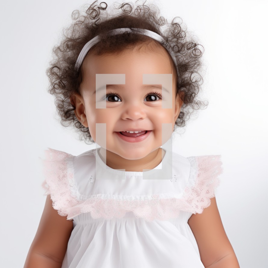 Stock image of a baby girl in a dress against a white background Generative AI
