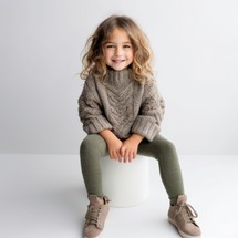 Stock image of a child in a cozy sweater and leggings on a plain white background Generative AI