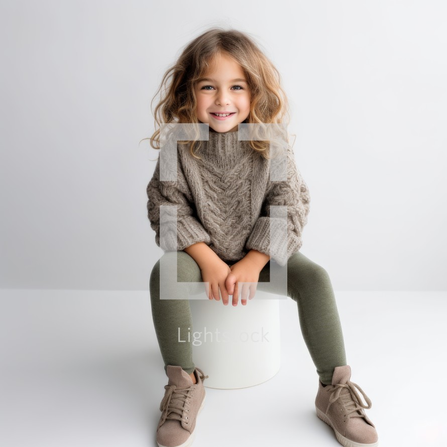 Stock image of a child in a cozy sweater and leggings on a plain white background Generative AI