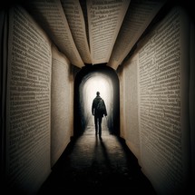 Silhouette of a person walking towards light through an inspiring tunnel shaped by oversized book pages