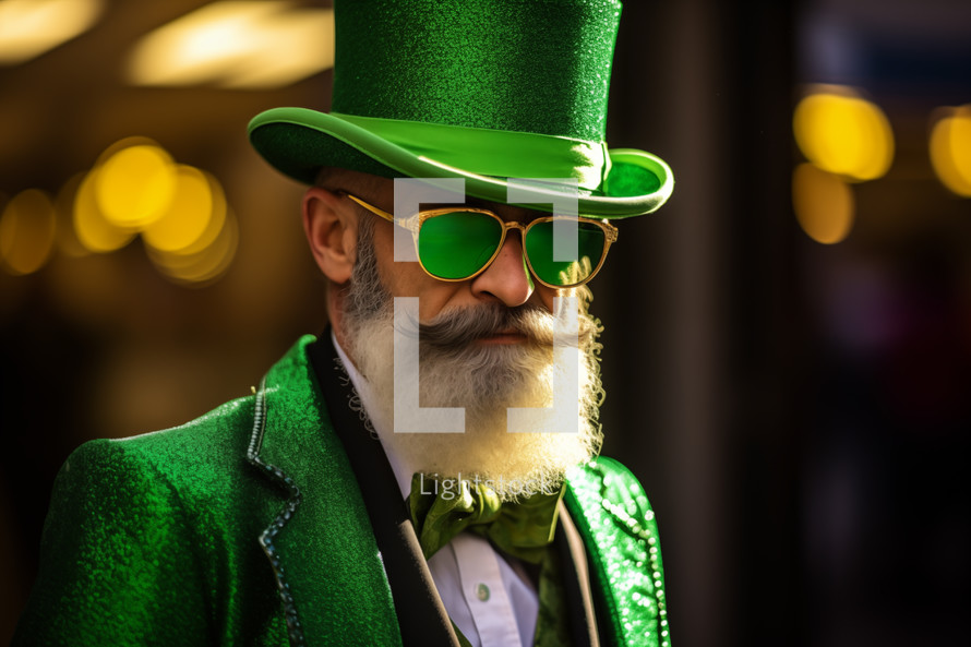 AI Generated Image. Trendy mature leprechaun wearing green sunglasses and hat while walking on a city street 1