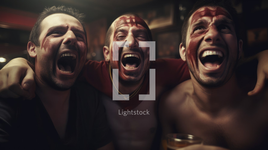 AI Generated Image. Three happy people with painted faces having fun while watching sport game in a sport bar