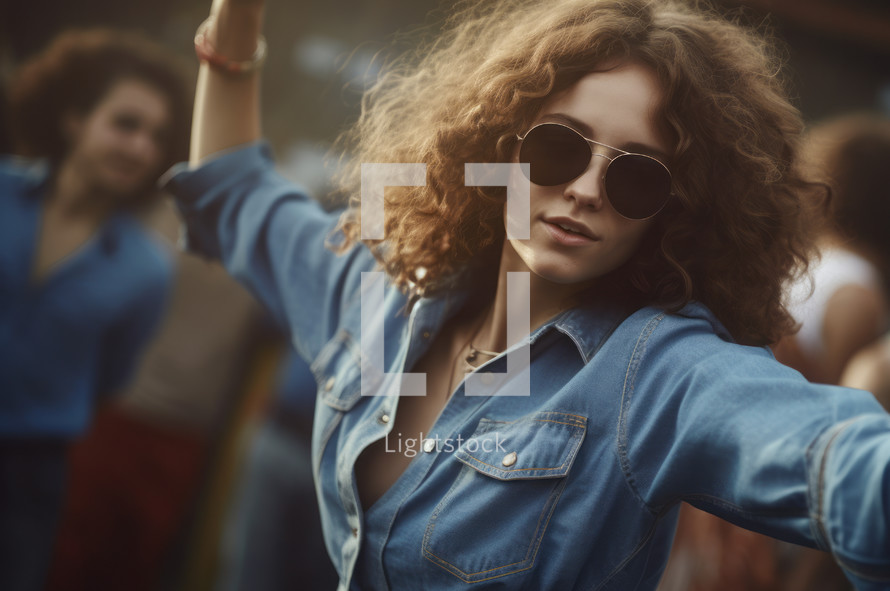 AI Generated Image. Young woman with curly hair wearing sunglasses and denim shirt. She dances at the outdoors party