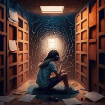 Girl sits in a surreal library, engrossed in music that transforms her surroundings