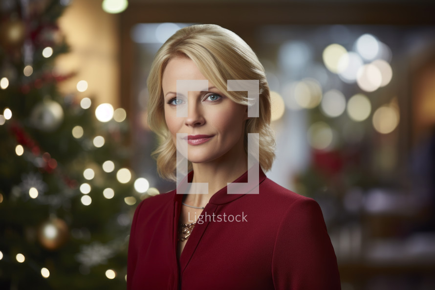 AI generated image. Portrait of the serene middle-aged businesswoman at the office with Christmas tree