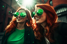 AI Generated Image. Young happy redhead friends wearing green St Patrick leprechaun costume on a city street