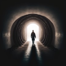 Silhouette of a man stands at the bright end of a dark, arching tunnel, symbolizing hope