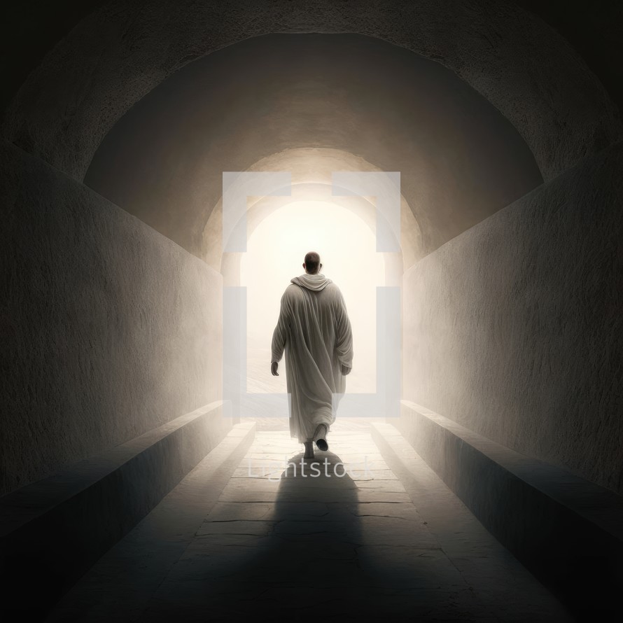 Back view of a person walking towards a bright light at the end of a dark tunnel