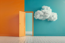 AI Image. A Surreal Journey Through An Open Doorway Revealing A Dreamlike Cloud Against Vibrant Wall