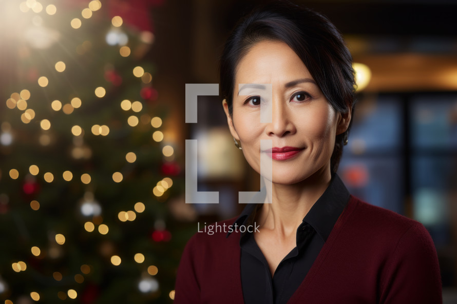 AI generated image. Portrait of the serene middle-aged Asian businesswoman at the office with Christmas tree