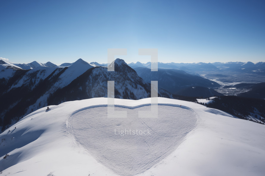 AI Generated Image. Heart symbol on snow cover in remote mountain and rocky landscape. Valentine Day concept