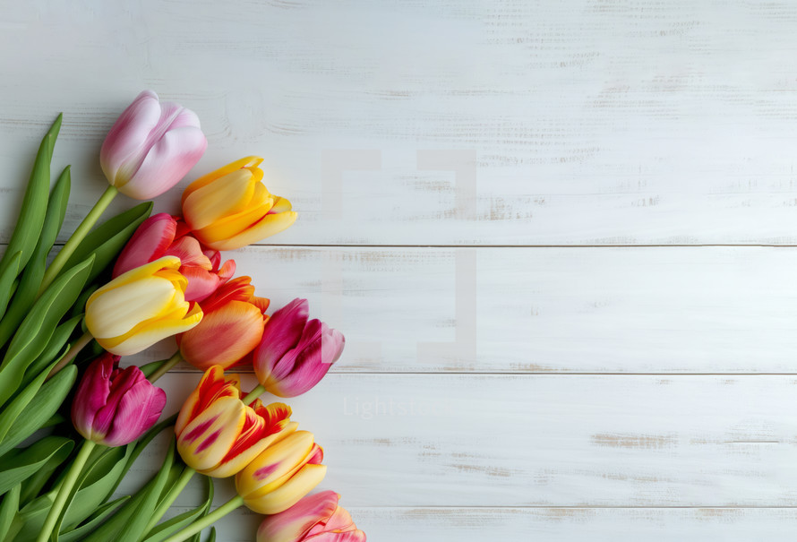AI Generated Image. Mother's Day banner layout with copy space with colorful tulip flowers on a wooden table