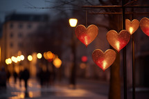 AI Generated Image. Night city street decorated with hearts and illumination for Valentine Day