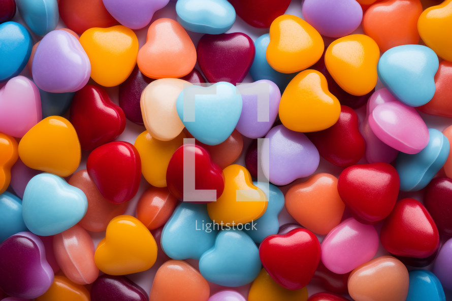 AI Generated Image. Full frame view of the colorful heart shaped candies. Valentine’s Day concept
