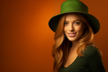 AI Generated Image. young woman wearing St Patrick Day leprechaun costume on a studio orange background