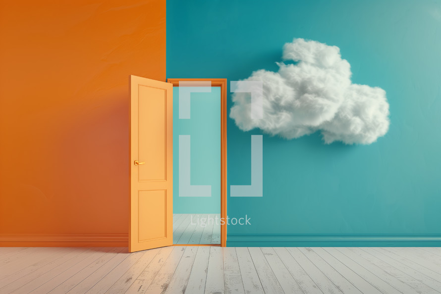 AI Image. A Surreal Journey Through An Open Doorway Revealing A Dreamlike Cloud Against Vibrant Wall