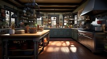 An intricately detailed photorealistic image of a chef's kitchen featuring professional-grade equipment and ample workspace. Generative AI