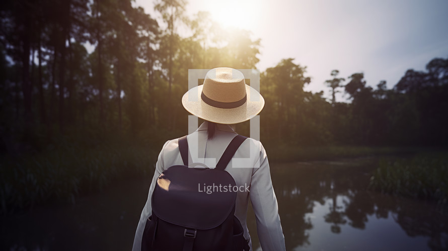 AI Generated Image Rear back view of a tourist woman with backpack and hat exploring