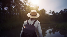 AI Generated Image Rear back view of a tourist woman with backpack and hat exploring