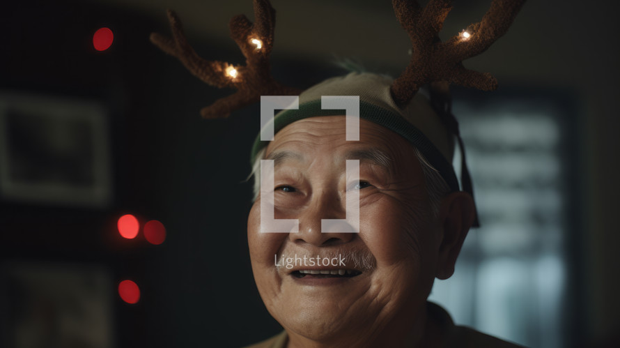 AI Generated Image. Happy Asian senior elderly man wearing Christmas reindeer antlers and having fun at home