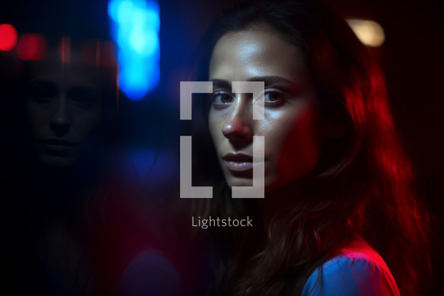 AI generated image. Young beautiful brunette Latin woman in the night city with blue and red neon light