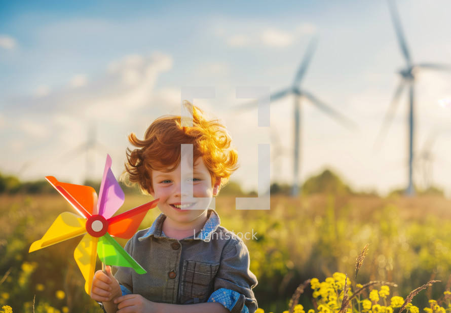 AI Generated Image. Cute redhead boy with colorful pinwheel in front of the wind turbines in summer meadow