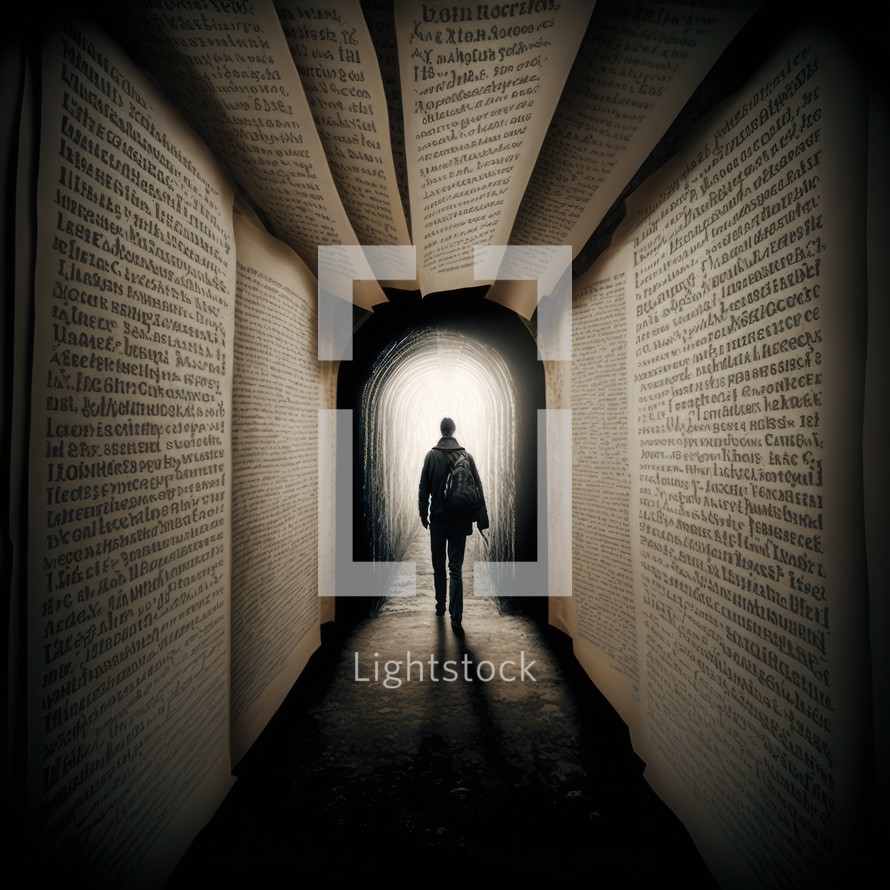 Silhouette of a person walking towards light through an inspiring tunnel shaped by oversized book pages