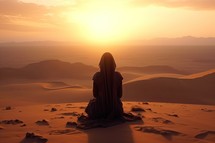 Silhouette of a woman praying in the desert at sunset
