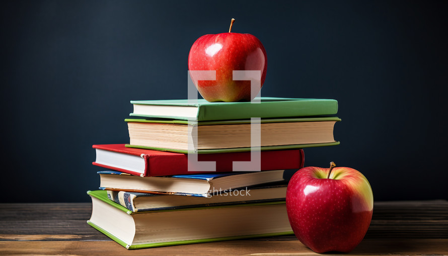 Composition of school books stacked neatly, with a vibrant red apple on top