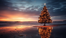 Christmas Tree On The Beach Near The Ocean At Sunset
