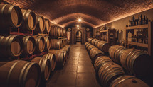 cellar Room filled with oak barrels and wine bottles.