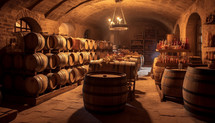 A rustic cellar filled with oak barrels and wine bottles.