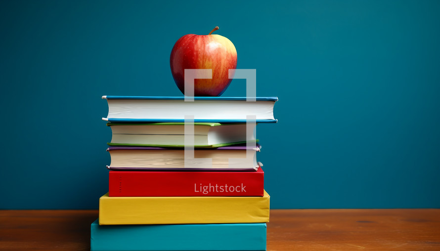 Books stacked neatly, with a vibrant red apple on top