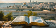 Close up of Bible open looking out towards Jerusalem, Israel from the viewpoint of Mount of Olives with Copy space
