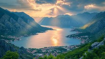 A stunning view of the Bay of Kotor in the afternoon, sunlight breaking through the clouds, Generative AI