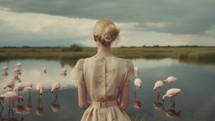 AI Generated Image. Rear back view on a blond woman wearing vintage dress and looking to the pond with birds
