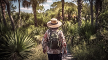 Woman with backpack and hat exploring jungle