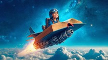 A child flying on a rocket Bible. Image created to illustrate how the Bible is an incredible book, full of exciting stories and a transformative message for children.