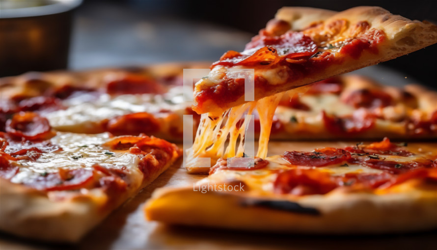 Slice of stringy Neapolitan pizza. AI generative.