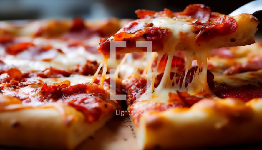 Slice of stringy Neapolitan pizza. AI generative.